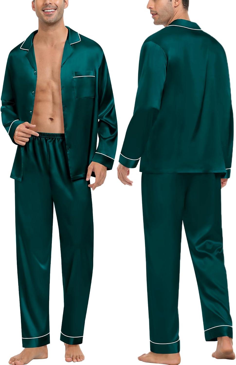 imageSWOMOG Family Matching Button Down Pajamas Pjs Silk Satin Long Sleeve Shirt Long Pants Set Sleepwear 2 Pcs Outfits LoungewearDark Green
