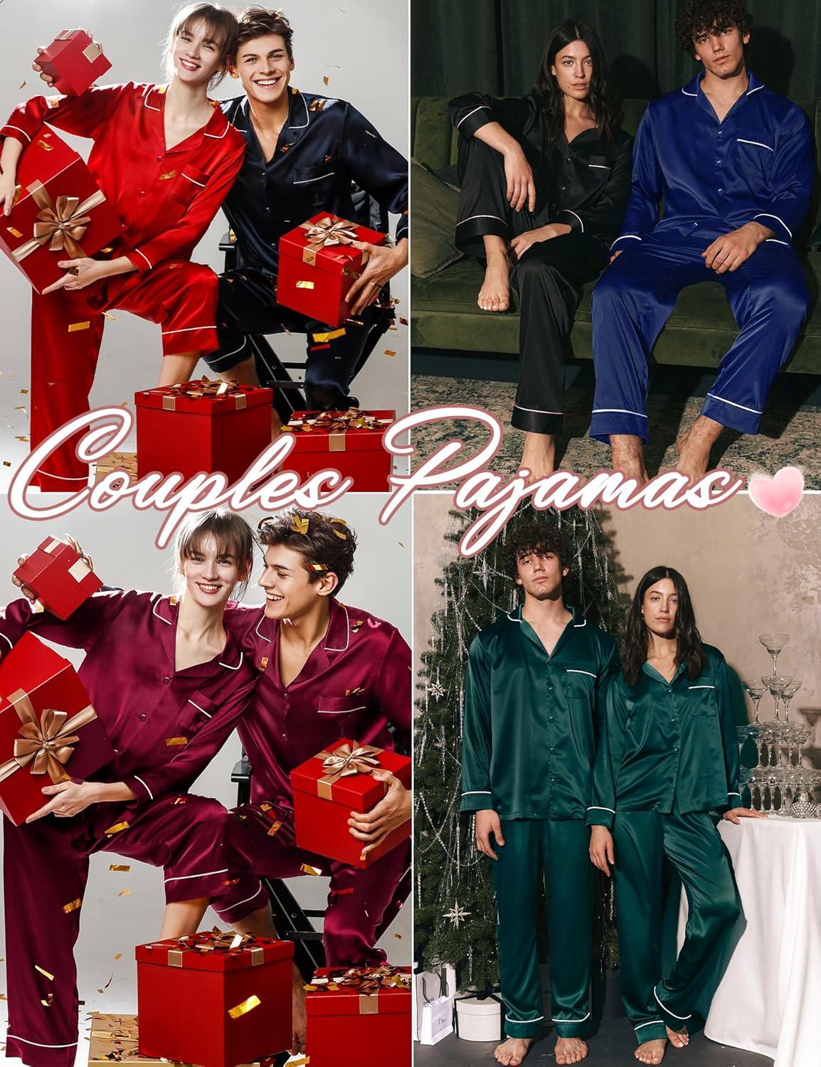 imageSWOMOG Family Matching Button Down Pajamas Pjs Silk Satin Long Sleeve Shirt Long Pants Set Sleepwear 2 Pcs Outfits LoungewearDark Green