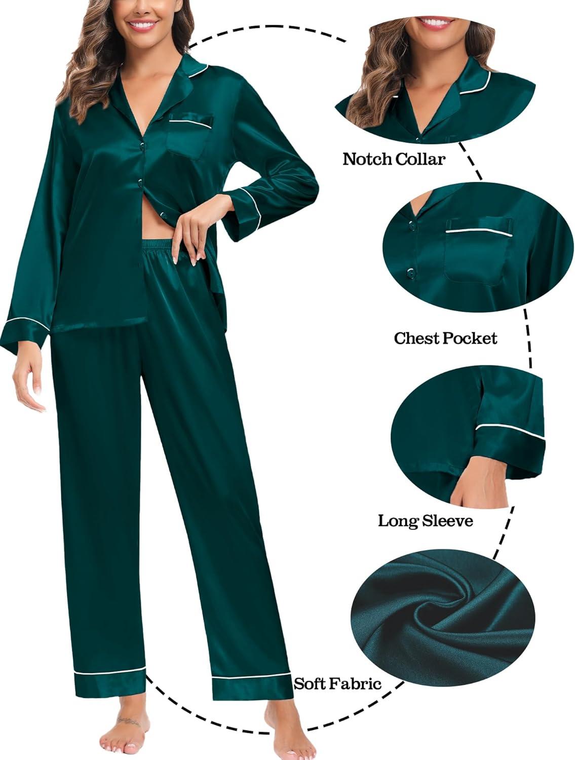 imageSWOMOG Family Matching Button Down Pajamas Pjs Silk Satin Long Sleeve Shirt Long Pants Set Sleepwear 2 Pcs Outfits LoungewearDark Green