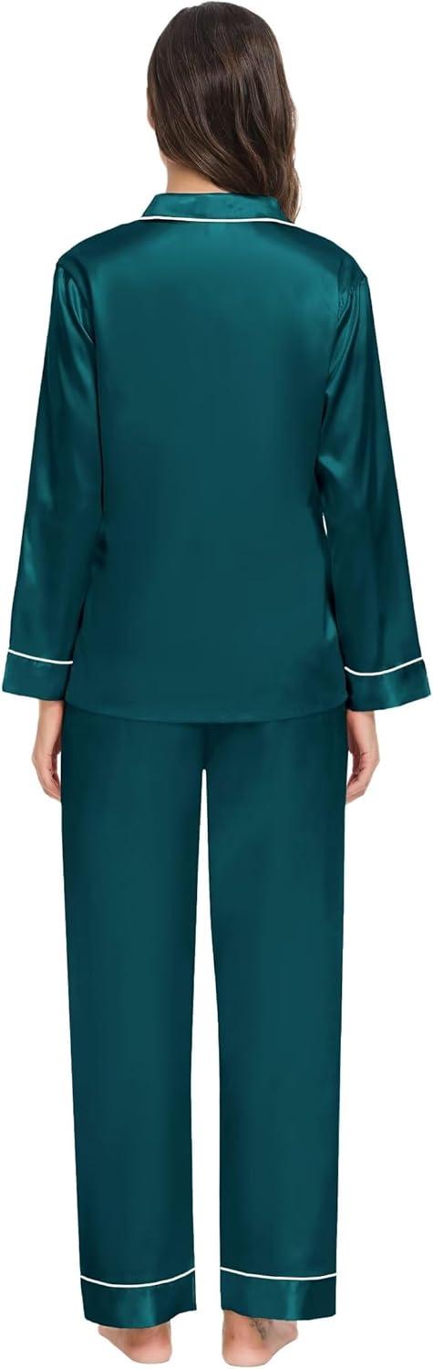 imageSWOMOG Family Matching Button Down Pajamas Pjs Silk Satin Long Sleeve Shirt Long Pants Set Sleepwear 2 Pcs Outfits LoungewearGreen