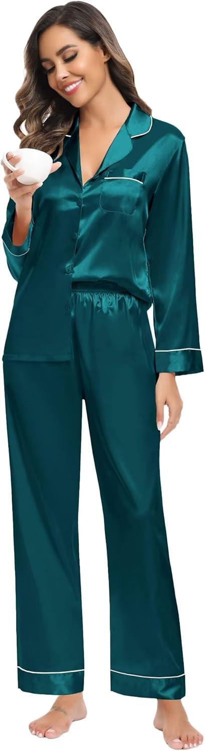 imageSWOMOG Family Matching Button Down Pajamas Pjs Silk Satin Long Sleeve Shirt Long Pants Set Sleepwear 2 Pcs Outfits LoungewearGreen