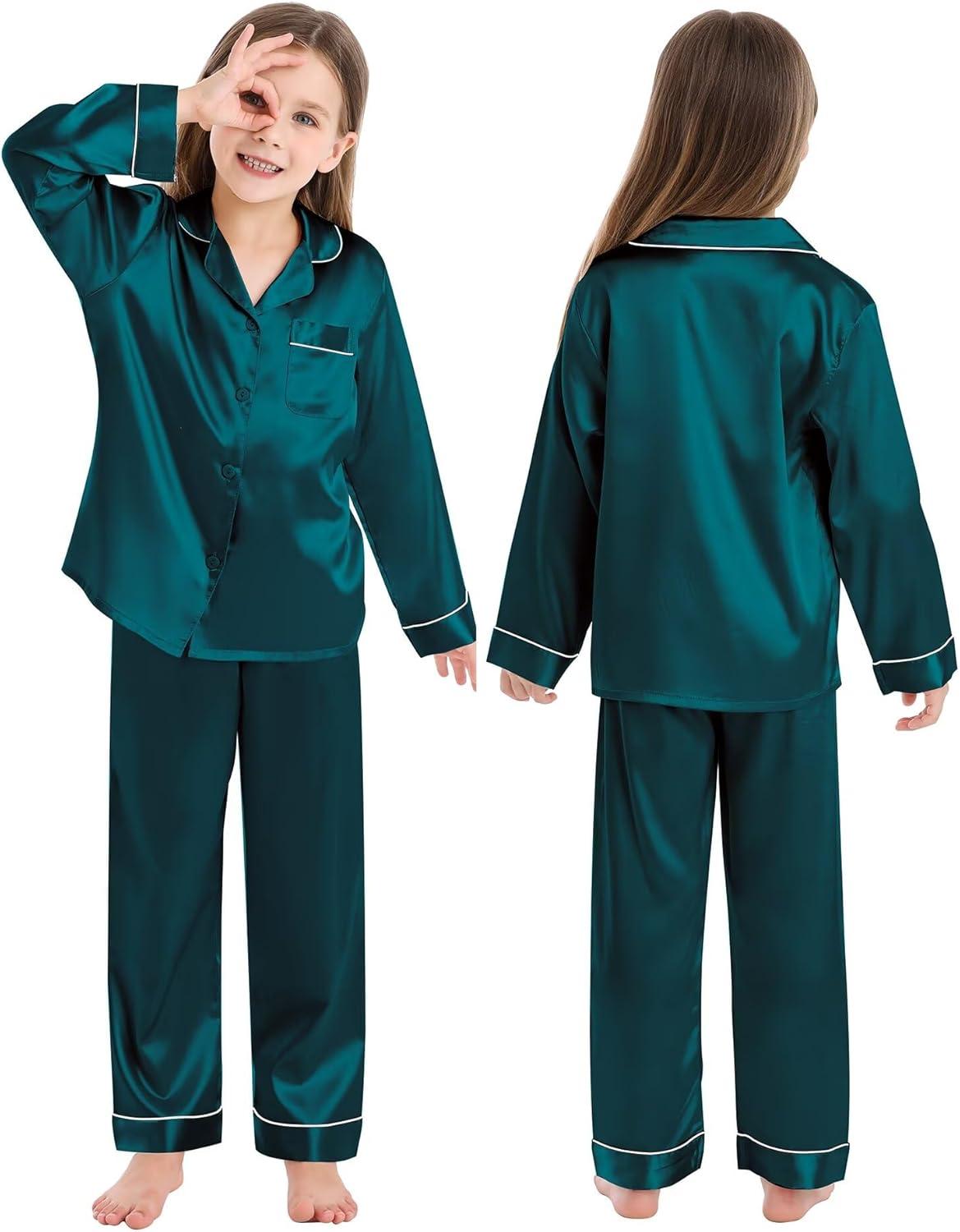 imageSWOMOG Family Matching Button Down Pajamas Pjs Silk Satin Long Sleeve Shirt Long Pants Set Sleepwear 2 Pcs Outfits LoungewearGreen