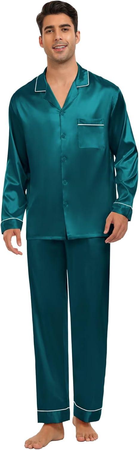 imageSWOMOG Family Matching Button Down Pajamas Pjs Silk Satin Long Sleeve Shirt Long Pants Set Sleepwear 2 Pcs Outfits LoungewearGreen