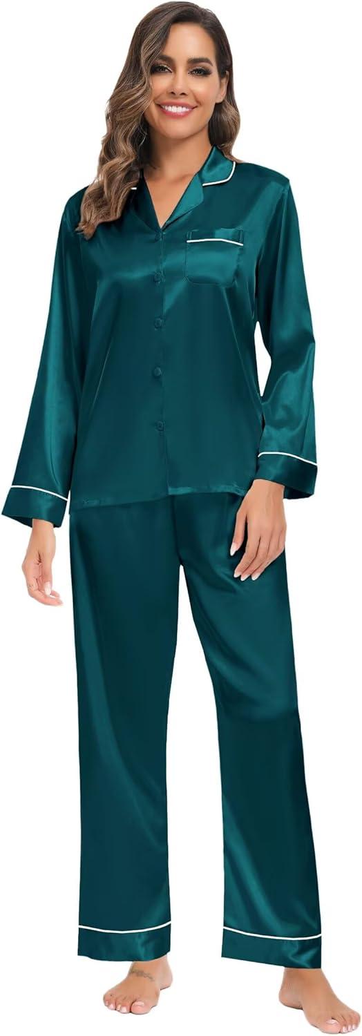 imageSWOMOG Family Matching Button Down Pajamas Pjs Silk Satin Long Sleeve Shirt Long Pants Set Sleepwear 2 Pcs Outfits LoungewearGreen