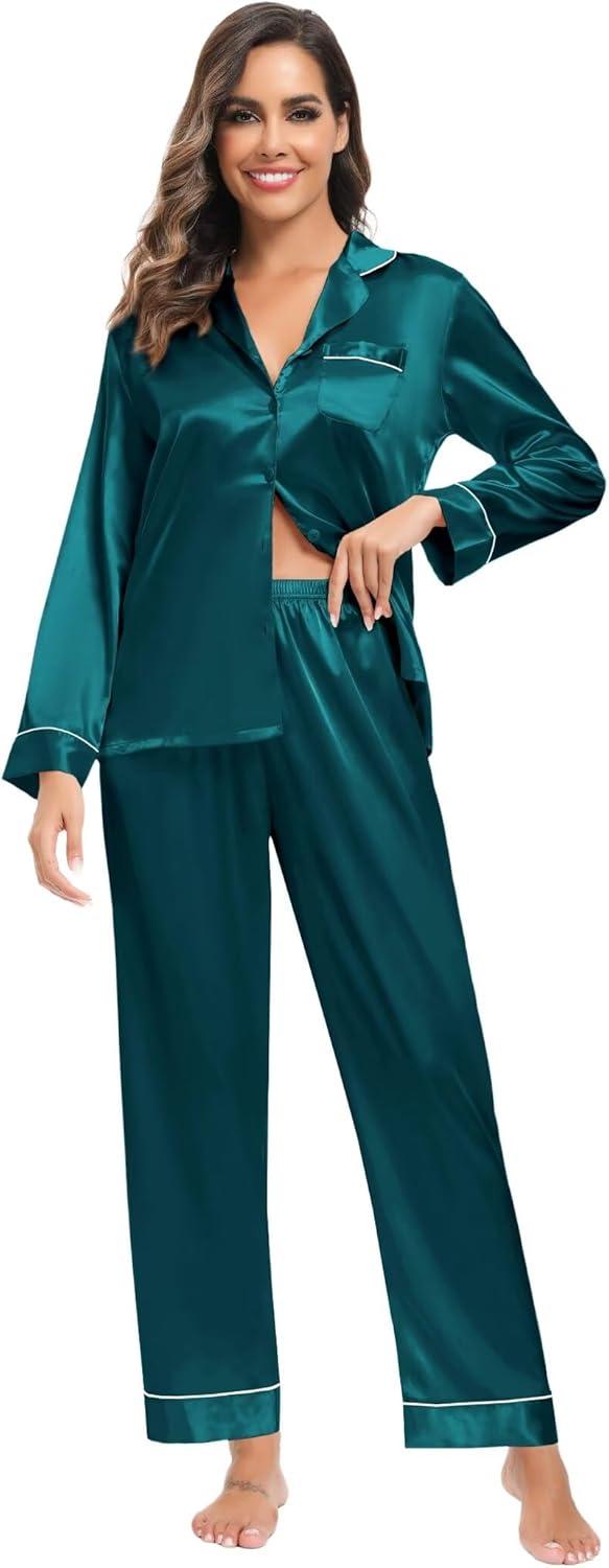imageSWOMOG Family Matching Button Down Pajamas Pjs Silk Satin Long Sleeve Shirt Long Pants Set Sleepwear 2 Pcs Outfits LoungewearGreen