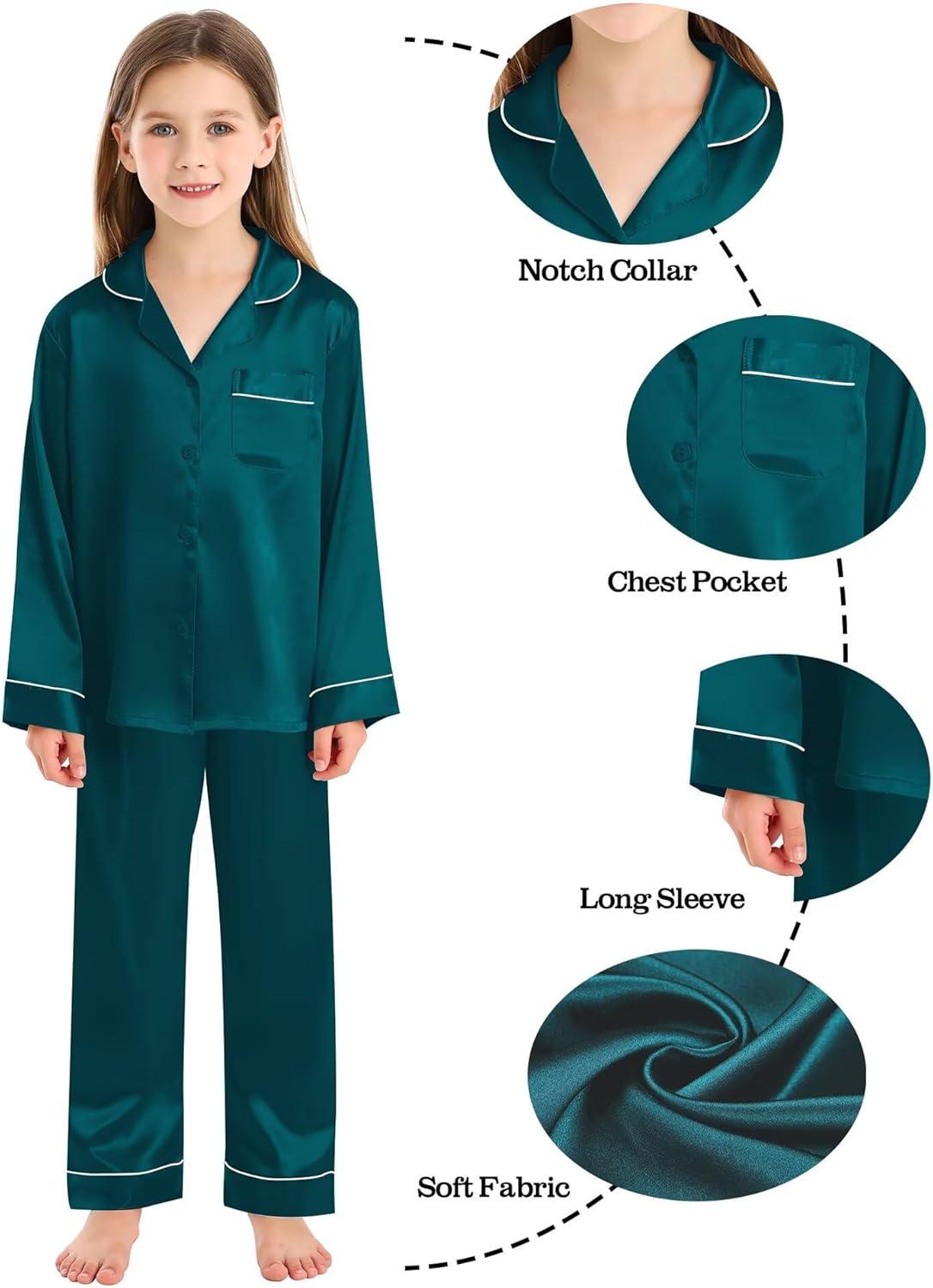 imageSWOMOG Family Matching Button Down Pajamas Pjs Silk Satin Long Sleeve Shirt Long Pants Set Sleepwear 2 Pcs Outfits LoungewearGreen