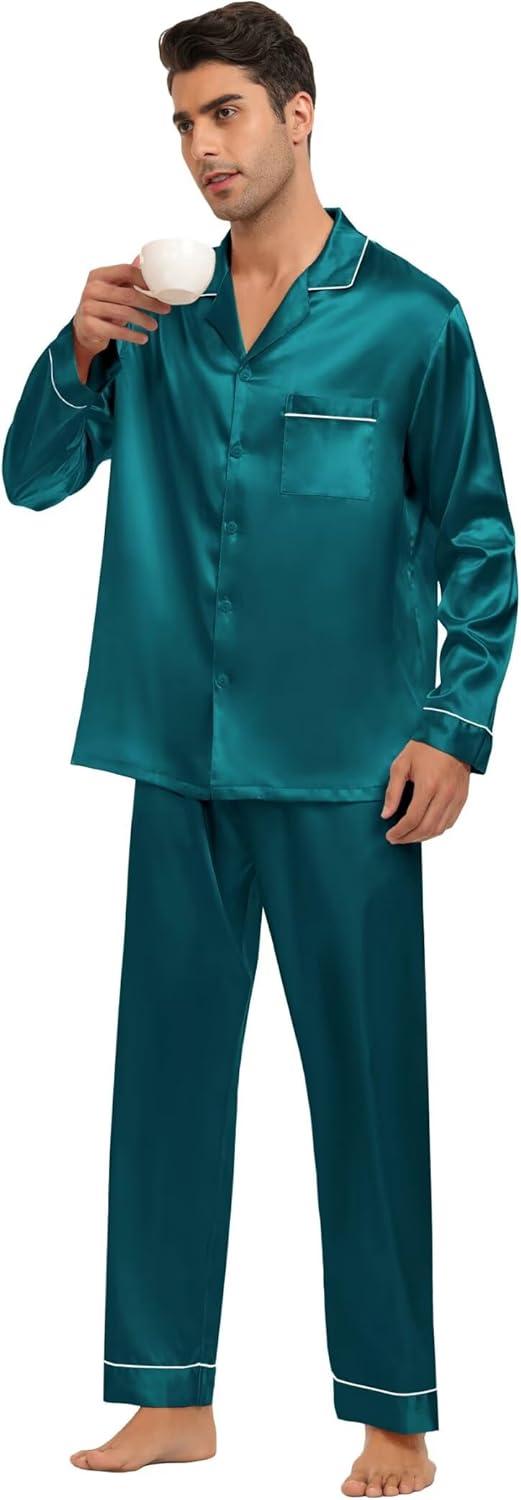 imageSWOMOG Family Matching Button Down Pajamas Pjs Silk Satin Long Sleeve Shirt Long Pants Set Sleepwear 2 Pcs Outfits LoungewearGreen
