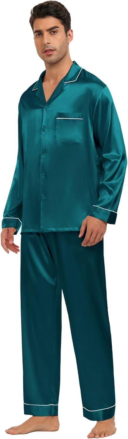 imageSWOMOG Family Matching Button Down Pajamas Pjs Silk Satin Long Sleeve Shirt Long Pants Set Sleepwear 2 Pcs Outfits LoungewearGreen