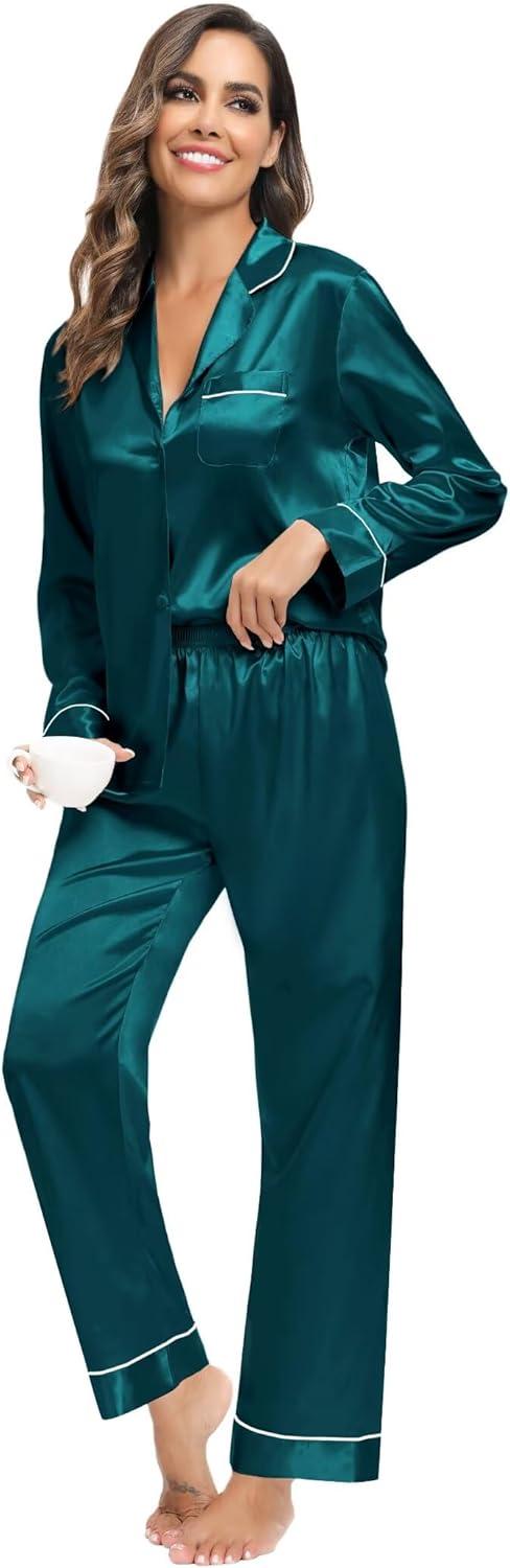 imageSWOMOG Family Matching Button Down Pajamas Pjs Silk Satin Long Sleeve Shirt Long Pants Set Sleepwear 2 Pcs Outfits LoungewearGreen