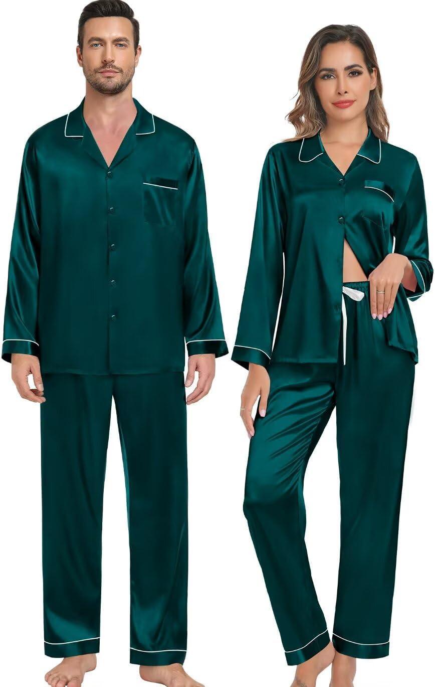 imageSWOMOG Family Matching Button Down Pajamas Pjs Silk Satin Long Sleeve Shirt Long Pants Set Sleepwear 2 Pcs Outfits LoungewearGreen
