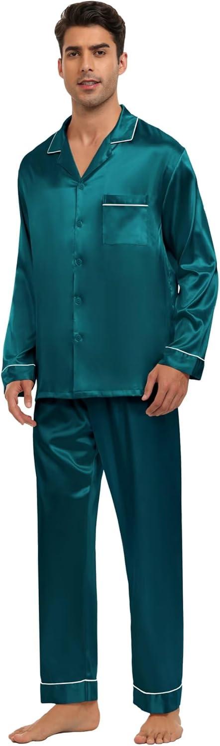 imageSWOMOG Family Matching Button Down Pajamas Pjs Silk Satin Long Sleeve Shirt Long Pants Set Sleepwear 2 Pcs Outfits LoungewearGreen