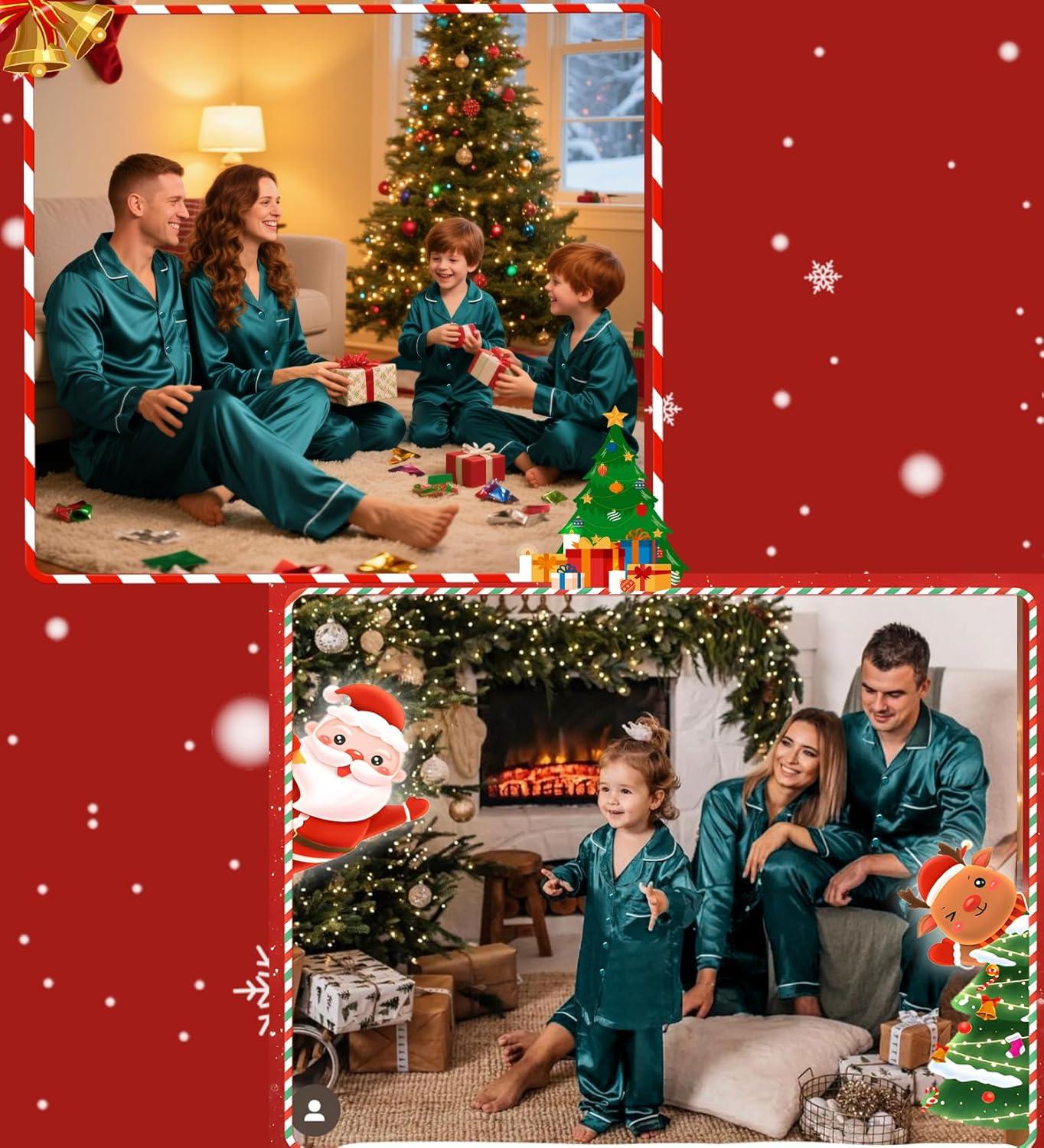 imageSWOMOG Family Matching Button Down Pajamas Pjs Silk Satin Long Sleeve Shirt Long Pants Set Sleepwear 2 Pcs Outfits LoungewearGreen