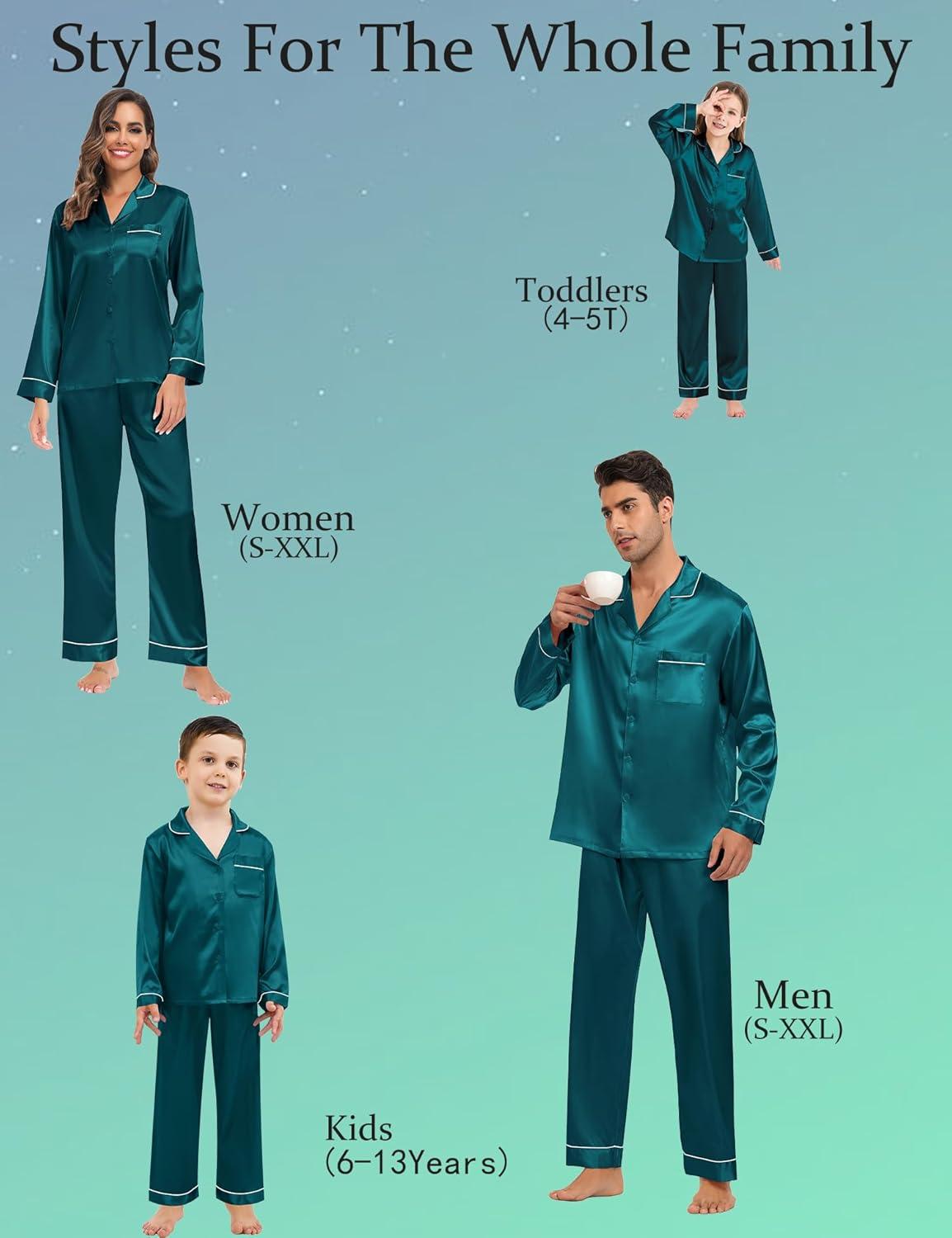imageSWOMOG Family Matching Button Down Pajamas Pjs Silk Satin Long Sleeve Shirt Long Pants Set Sleepwear 2 Pcs Outfits LoungewearGreen