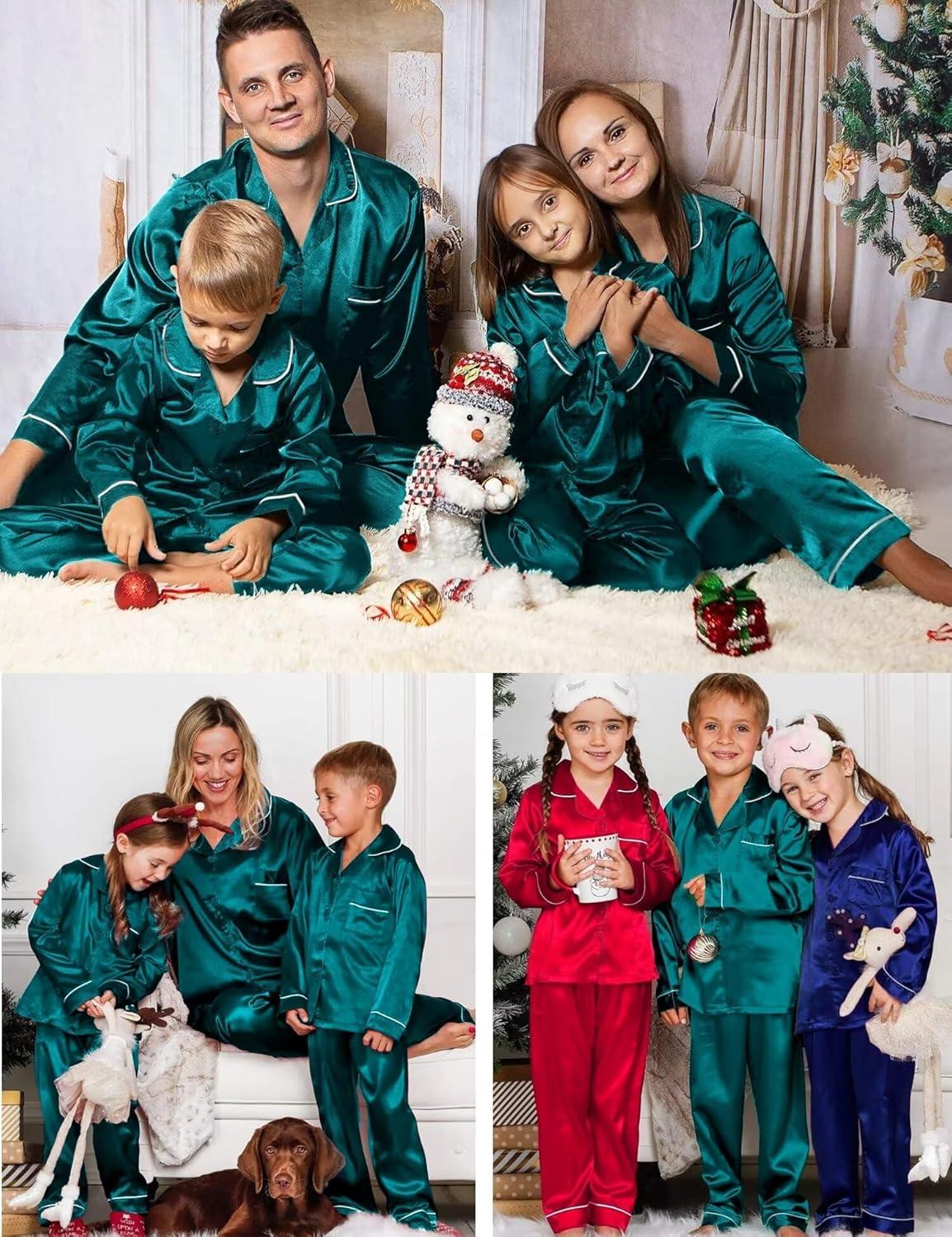 imageSWOMOG Family Matching Button Down Pajamas Pjs Silk Satin Long Sleeve Shirt Long Pants Set Sleepwear 2 Pcs Outfits LoungewearGreen