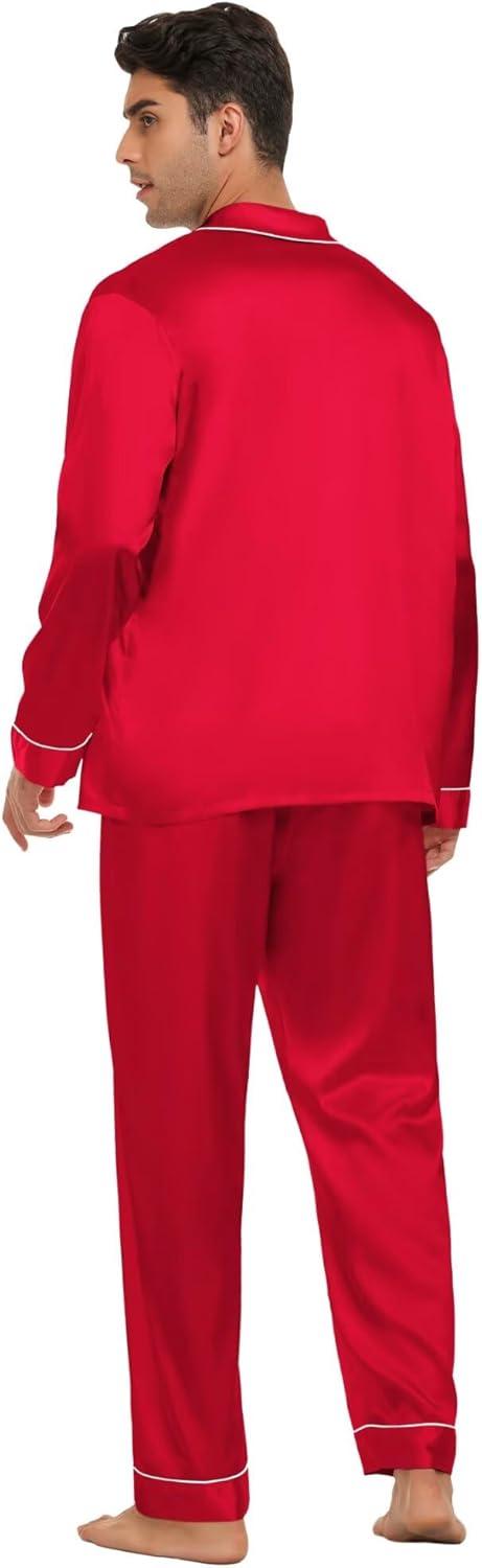 imageSWOMOG Family Matching Button Down Pajamas Pjs Silk Satin Long Sleeve Shirt Long Pants Set Sleepwear 2 Pcs Outfits LoungewearRed