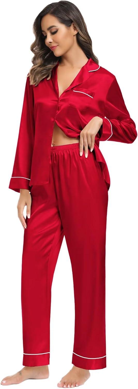 imageSWOMOG Family Matching Button Down Pajamas Pjs Silk Satin Long Sleeve Shirt Long Pants Set Sleepwear 2 Pcs Outfits LoungewearRed