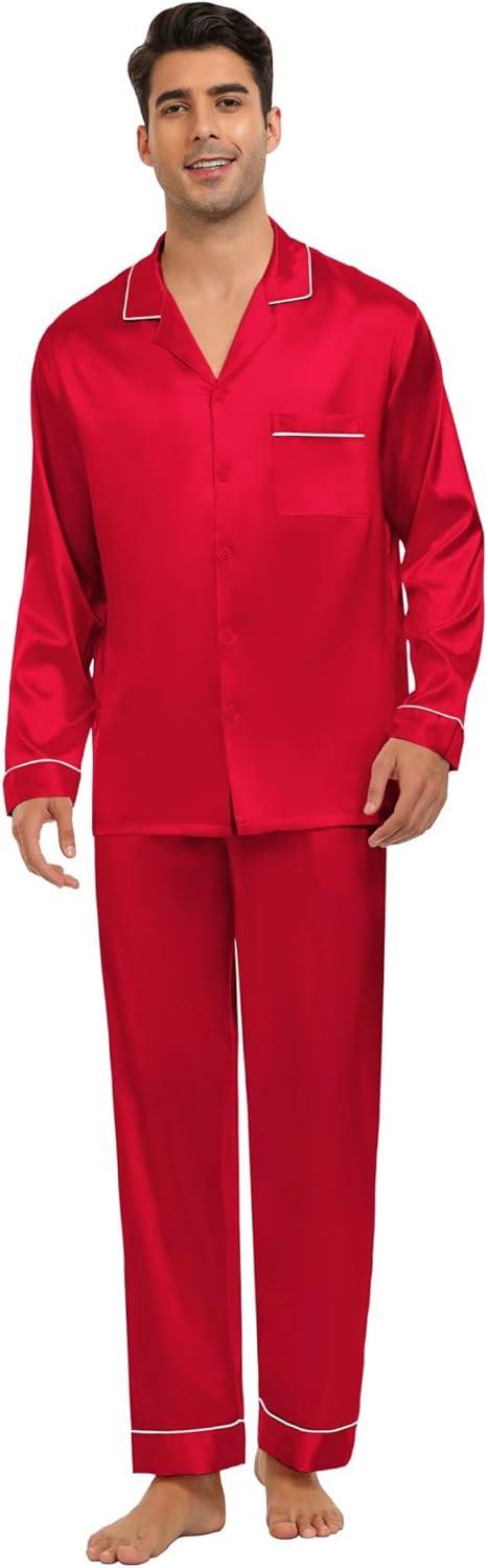 imageSWOMOG Family Matching Button Down Pajamas Pjs Silk Satin Long Sleeve Shirt Long Pants Set Sleepwear 2 Pcs Outfits LoungewearRed