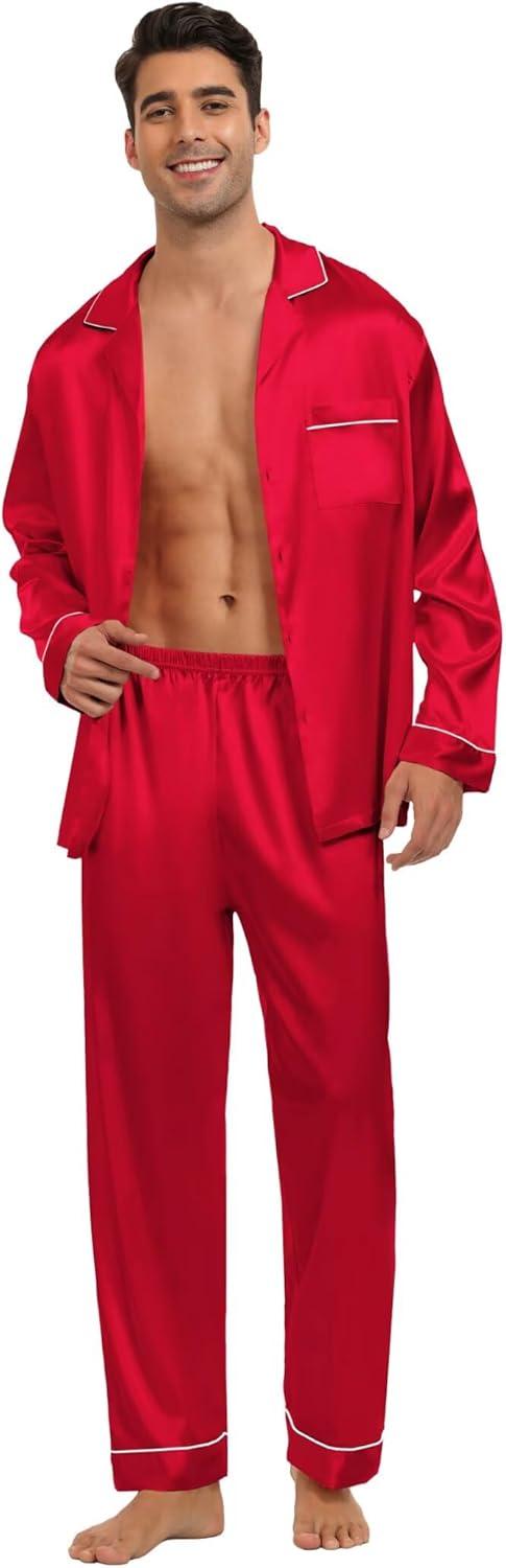 imageSWOMOG Family Matching Button Down Pajamas Pjs Silk Satin Long Sleeve Shirt Long Pants Set Sleepwear 2 Pcs Outfits LoungewearRed