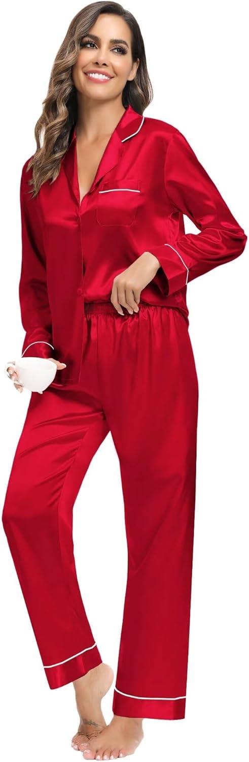 imageSWOMOG Family Matching Button Down Pajamas Pjs Silk Satin Long Sleeve Shirt Long Pants Set Sleepwear 2 Pcs Outfits LoungewearRed