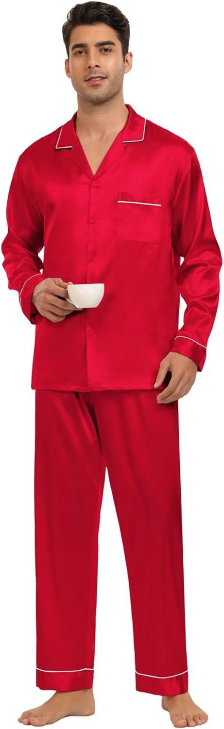imageSWOMOG Family Matching Button Down Pajamas Pjs Silk Satin Long Sleeve Shirt Long Pants Set Sleepwear 2 Pcs Outfits LoungewearRed