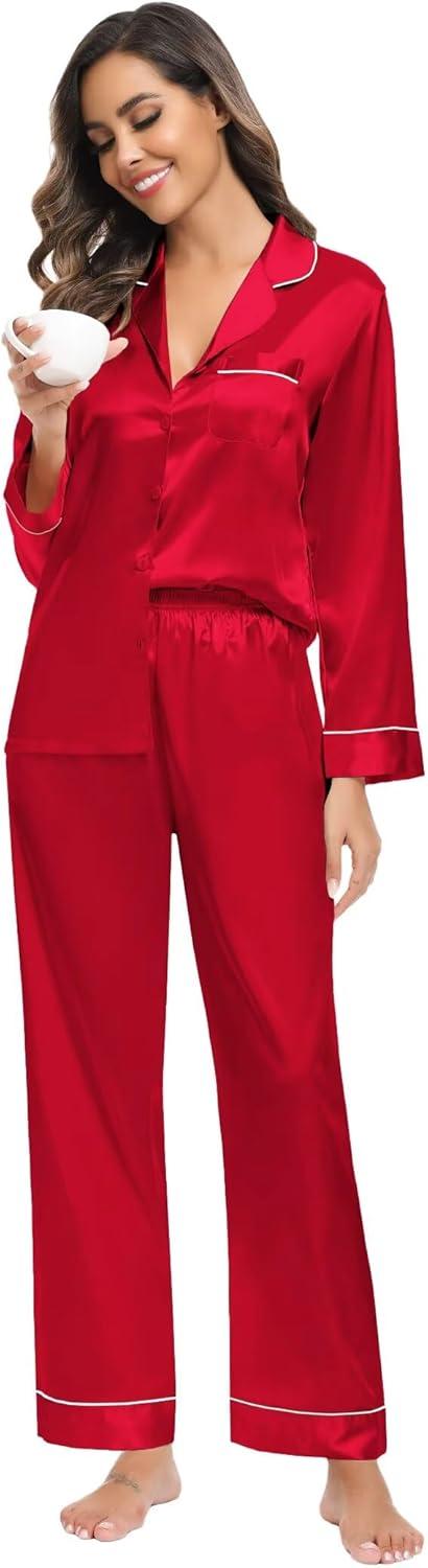 imageSWOMOG Family Matching Button Down Pajamas Pjs Silk Satin Long Sleeve Shirt Long Pants Set Sleepwear 2 Pcs Outfits LoungewearRed