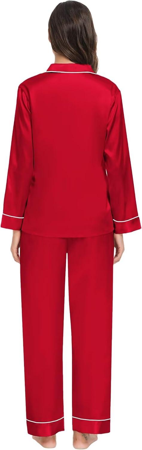 imageSWOMOG Family Matching Button Down Pajamas Pjs Silk Satin Long Sleeve Shirt Long Pants Set Sleepwear 2 Pcs Outfits LoungewearRed