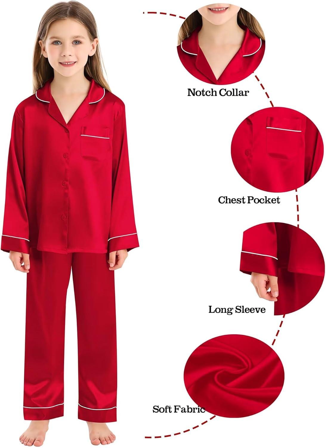 imageSWOMOG Family Matching Button Down Pajamas Pjs Silk Satin Long Sleeve Shirt Long Pants Set Sleepwear 2 Pcs Outfits LoungewearRed
