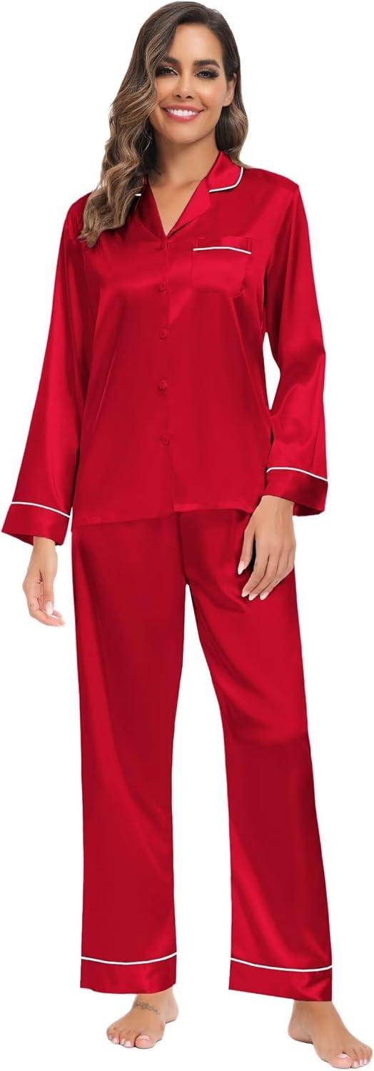 imageSWOMOG Family Matching Button Down Pajamas Pjs Silk Satin Long Sleeve Shirt Long Pants Set Sleepwear 2 Pcs Outfits LoungewearRed