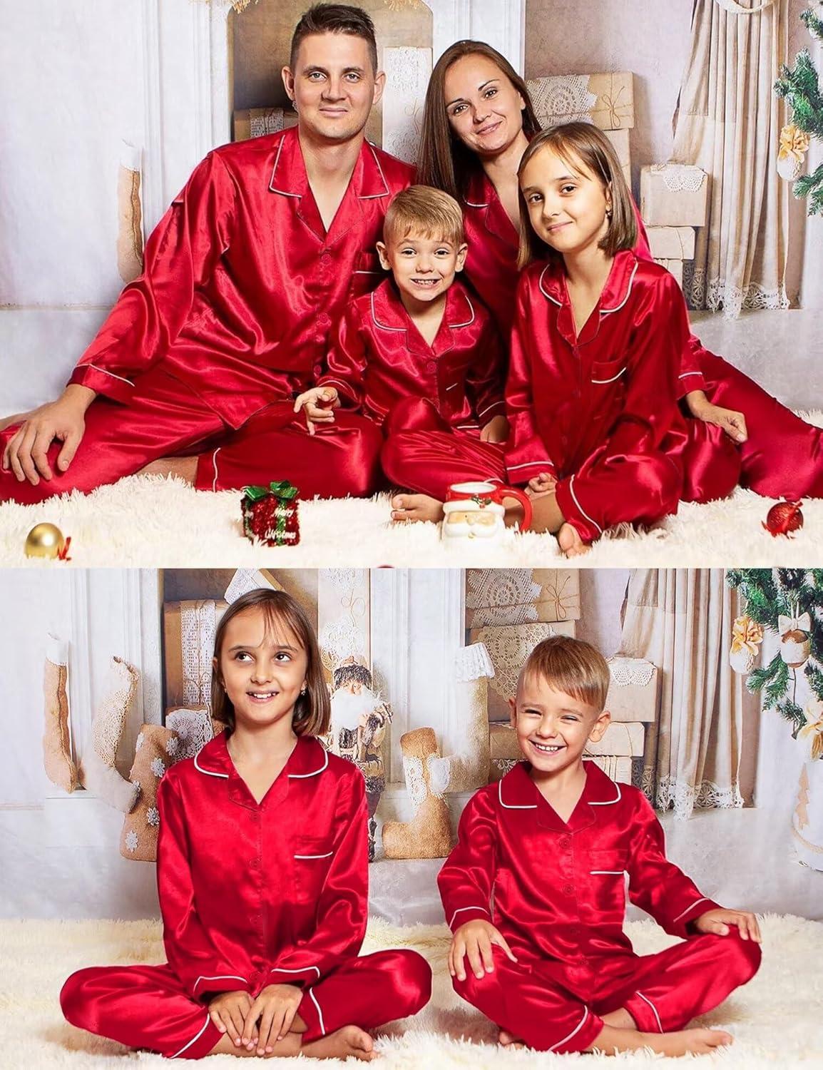 imageSWOMOG Family Matching Button Down Pajamas Pjs Silk Satin Long Sleeve Shirt Long Pants Set Sleepwear 2 Pcs Outfits LoungewearRed