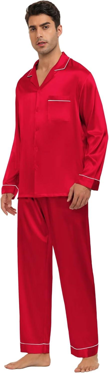 imageSWOMOG Family Matching Button Down Pajamas Pjs Silk Satin Long Sleeve Shirt Long Pants Set Sleepwear 2 Pcs Outfits LoungewearRed