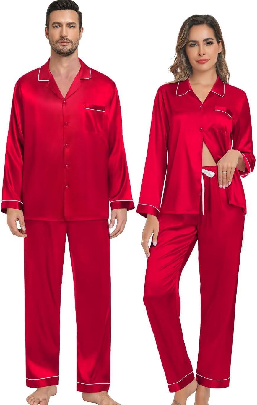 imageSWOMOG Family Matching Button Down Pajamas Pjs Silk Satin Long Sleeve Shirt Long Pants Set Sleepwear 2 Pcs Outfits LoungewearRed