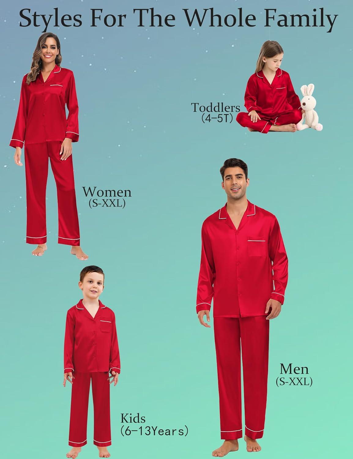 imageSWOMOG Family Matching Button Down Pajamas Pjs Silk Satin Long Sleeve Shirt Long Pants Set Sleepwear 2 Pcs Outfits LoungewearRed