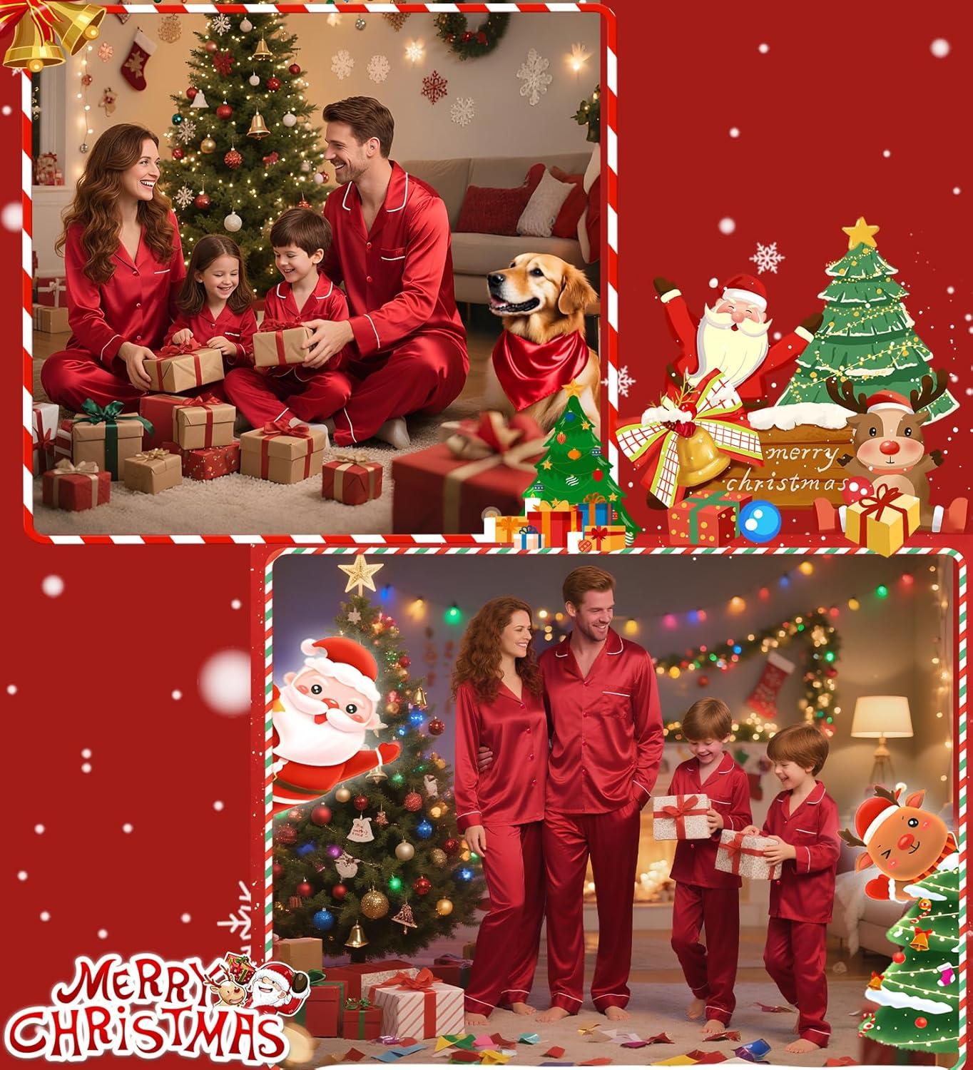 imageSWOMOG Family Matching Button Down Pajamas Pjs Silk Satin Long Sleeve Shirt Long Pants Set Sleepwear 2 Pcs Outfits LoungewearRed