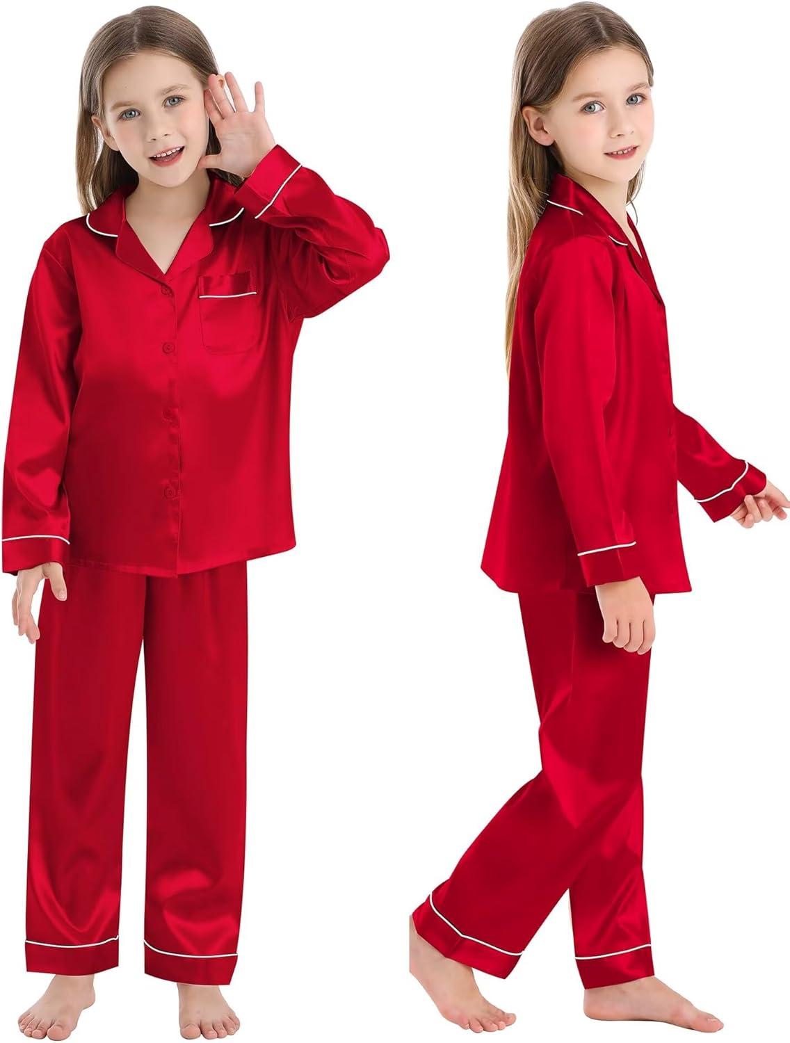 imageSWOMOG Family Matching Button Down Pajamas Pjs Silk Satin Long Sleeve Shirt Long Pants Set Sleepwear 2 Pcs Outfits LoungewearRed