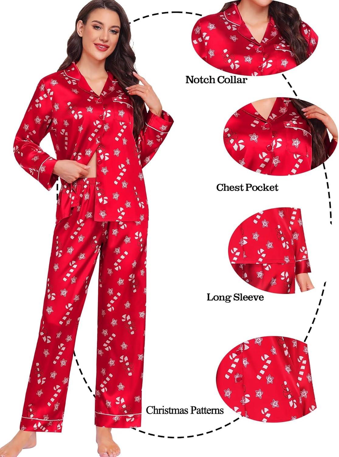 imageSWOMOG Family Matching Button Down Pajamas Pjs Silk Satin Long Sleeve Shirt Long Pants Set Sleepwear 2 Pcs Outfits LoungewearRed Candy Cane