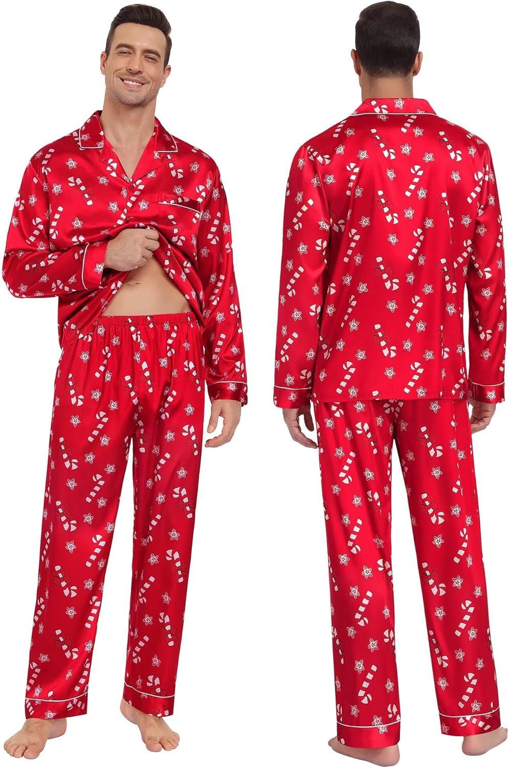 imageSWOMOG Family Matching Button Down Pajamas Pjs Silk Satin Long Sleeve Shirt Long Pants Set Sleepwear 2 Pcs Outfits LoungewearRed Candy Cane
