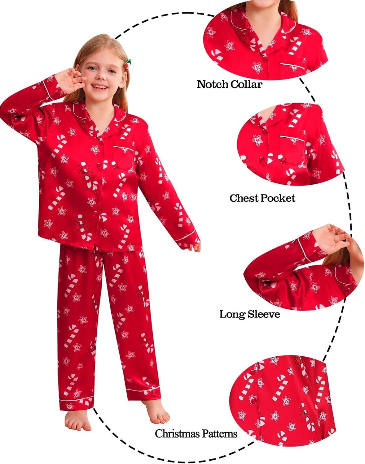 imageSWOMOG Family Matching Button Down Pajamas Pjs Silk Satin Long Sleeve Shirt Long Pants Set Sleepwear 2 Pcs Outfits LoungewearRed Candy Cane