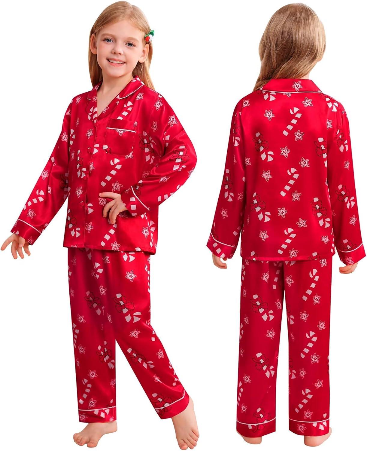 imageSWOMOG Family Matching Button Down Pajamas Pjs Silk Satin Long Sleeve Shirt Long Pants Set Sleepwear 2 Pcs Outfits LoungewearRed Candy Cane