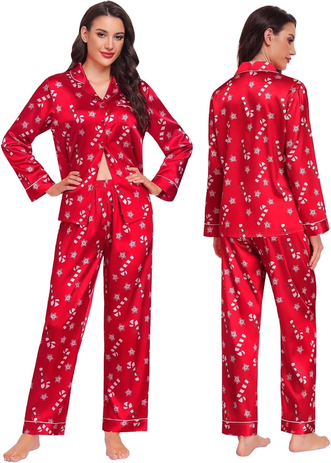 imageSWOMOG Family Matching Button Down Pajamas Pjs Silk Satin Long Sleeve Shirt Long Pants Set Sleepwear 2 Pcs Outfits LoungewearRed Candy Cane