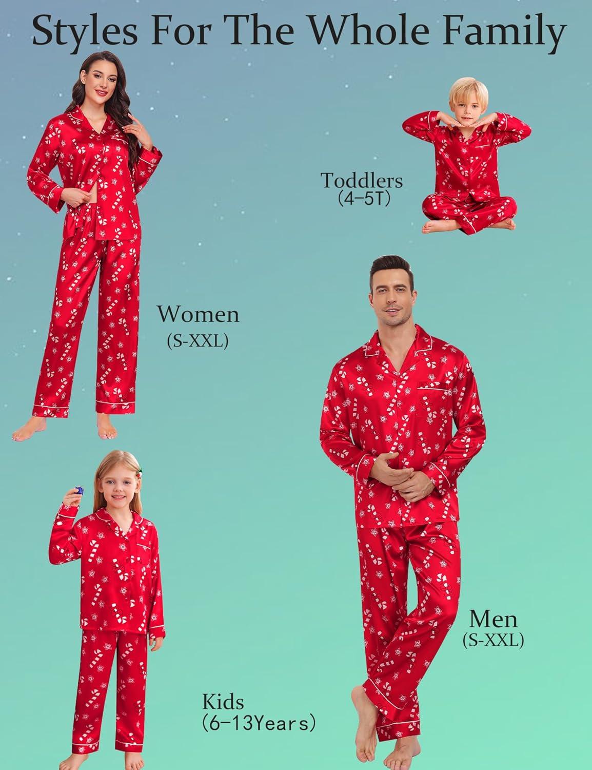 imageSWOMOG Family Matching Button Down Pajamas Pjs Silk Satin Long Sleeve Shirt Long Pants Set Sleepwear 2 Pcs Outfits LoungewearRed Candy Cane