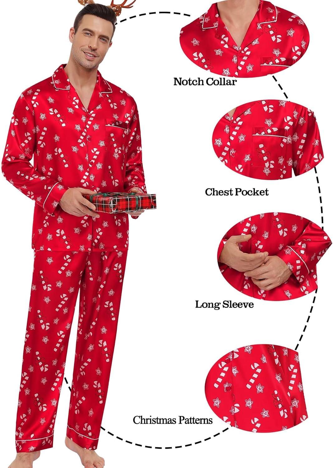 imageSWOMOG Family Matching Button Down Pajamas Pjs Silk Satin Long Sleeve Shirt Long Pants Set Sleepwear 2 Pcs Outfits LoungewearRed Candy Cane