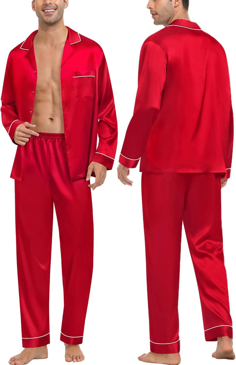 imageSWOMOG Family Matching Button Down Pajamas Pjs Silk Satin Long Sleeve Shirt Long Pants Set Sleepwear 2 Pcs Outfits LoungewearReda