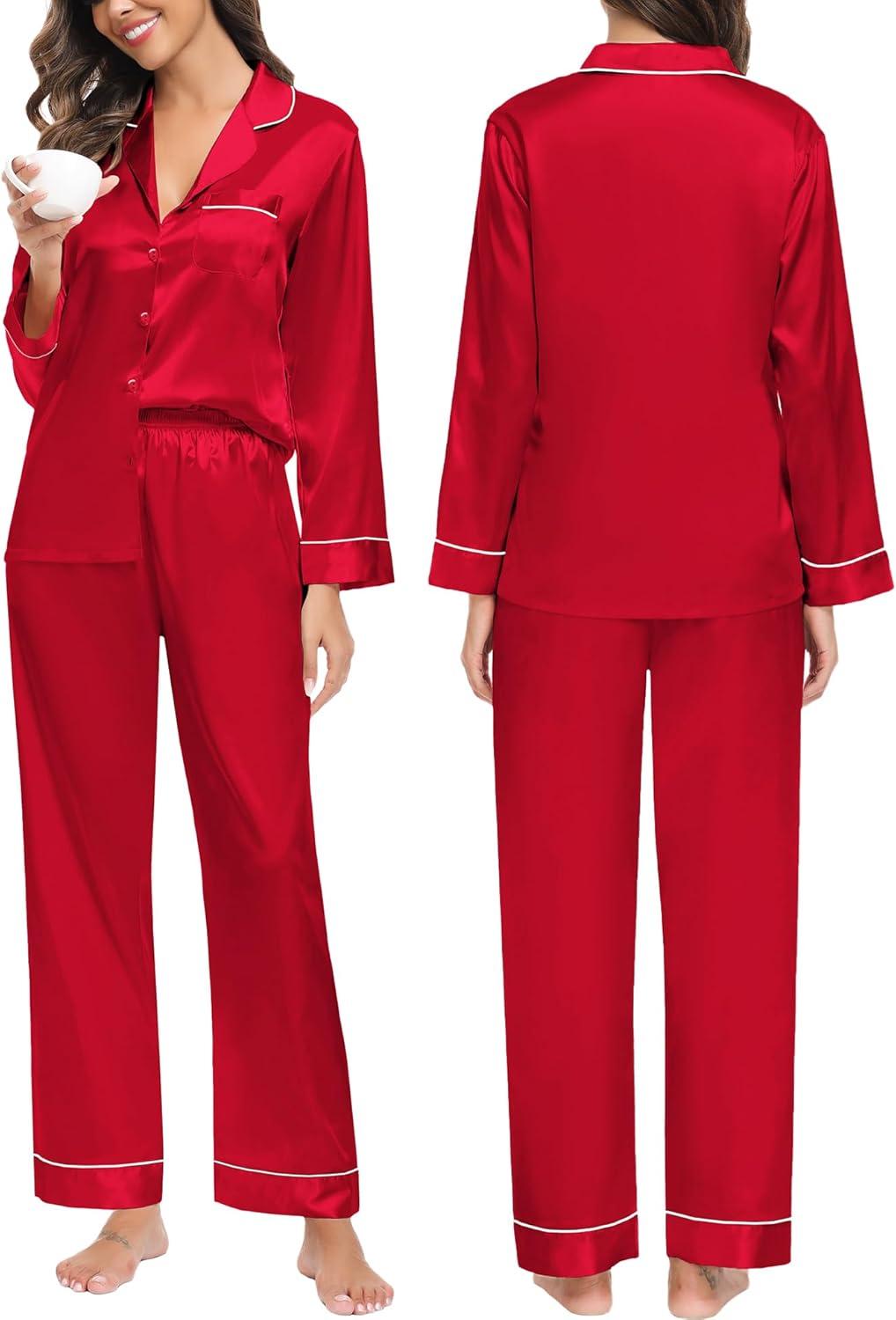imageSWOMOG Family Matching Button Down Pajamas Pjs Silk Satin Long Sleeve Shirt Long Pants Set Sleepwear 2 Pcs Outfits LoungewearReda