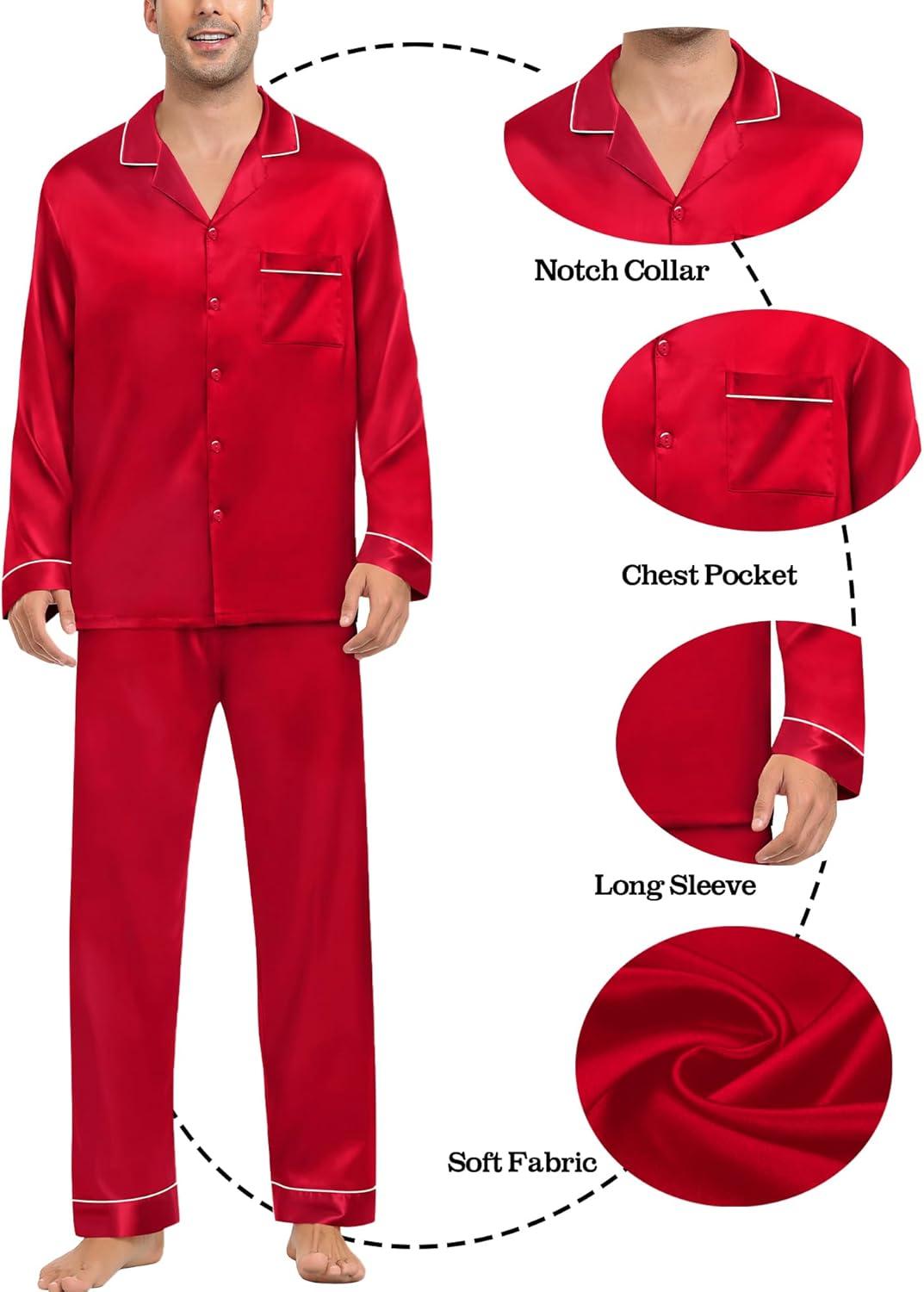 imageSWOMOG Family Matching Button Down Pajamas Pjs Silk Satin Long Sleeve Shirt Long Pants Set Sleepwear 2 Pcs Outfits LoungewearReda