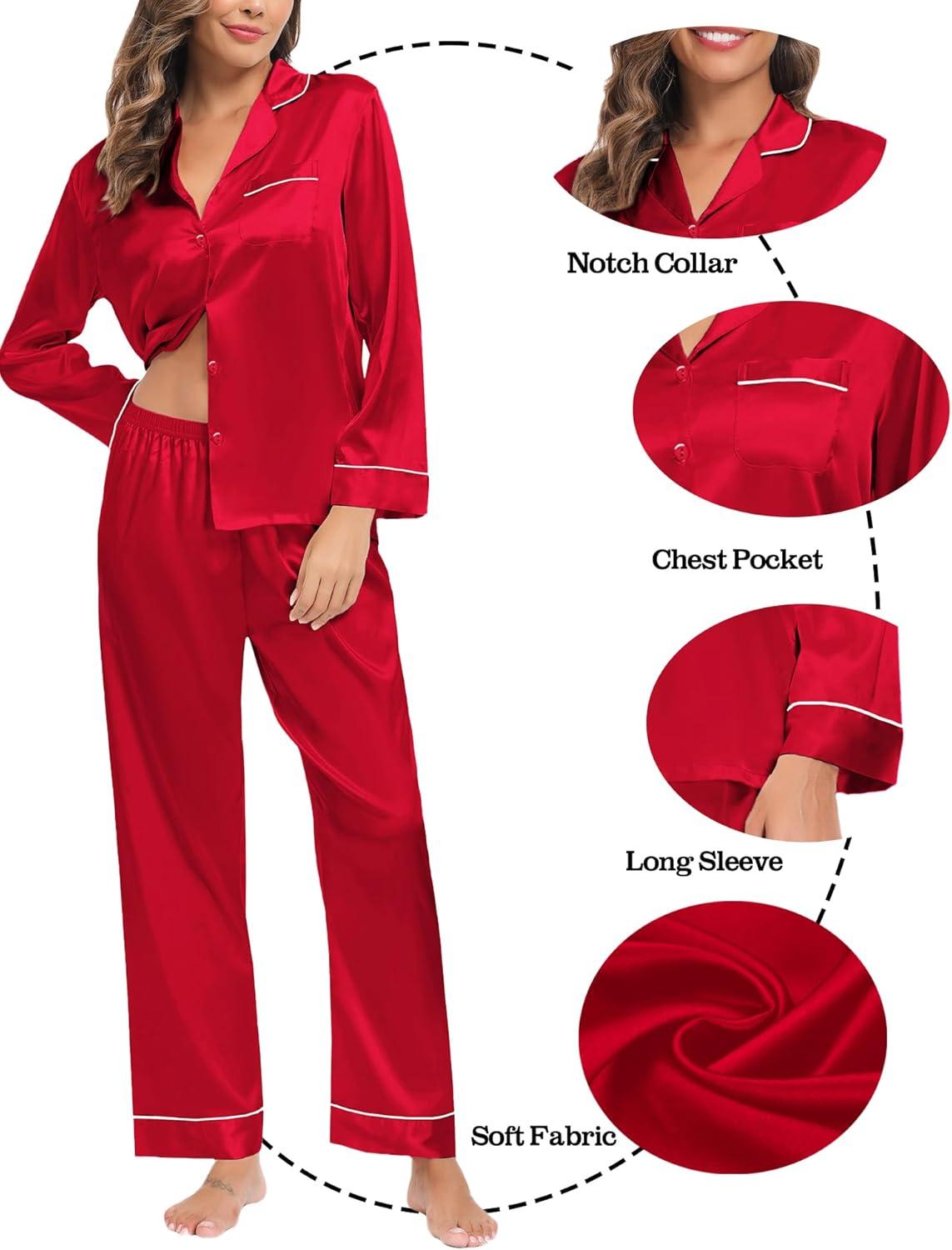 imageSWOMOG Family Matching Button Down Pajamas Pjs Silk Satin Long Sleeve Shirt Long Pants Set Sleepwear 2 Pcs Outfits LoungewearReda