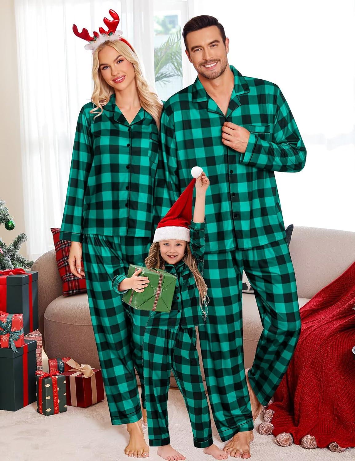 imageSWOMOG Family Matching Christmas Pajama Sets UltraSoft PJs Sets Long Sleeve Pull Over SleepwearButton Down Green Plaid
