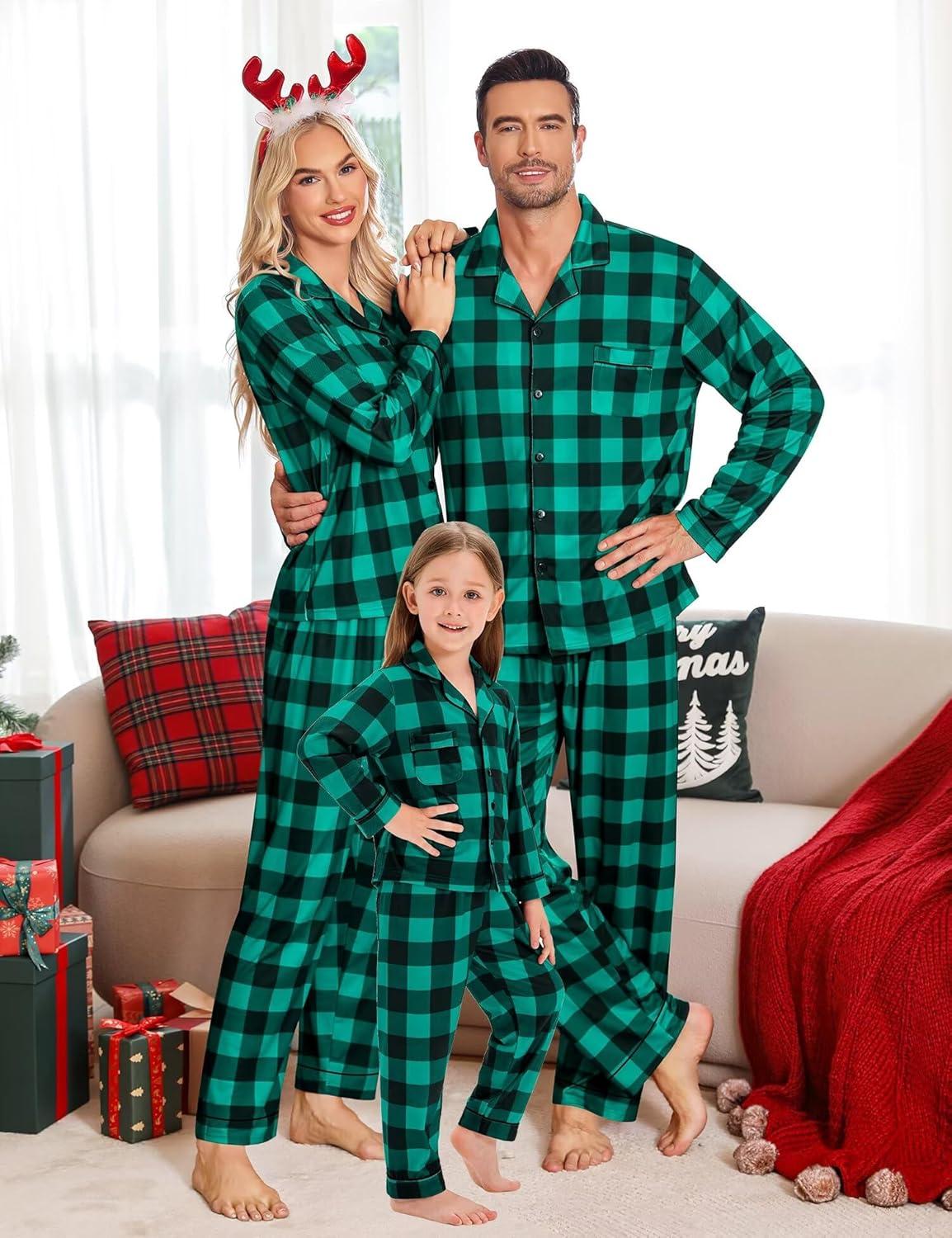 imageSWOMOG Family Matching Christmas Pajama Sets UltraSoft PJs Sets Long Sleeve Pull Over SleepwearButton Down Green Plaid