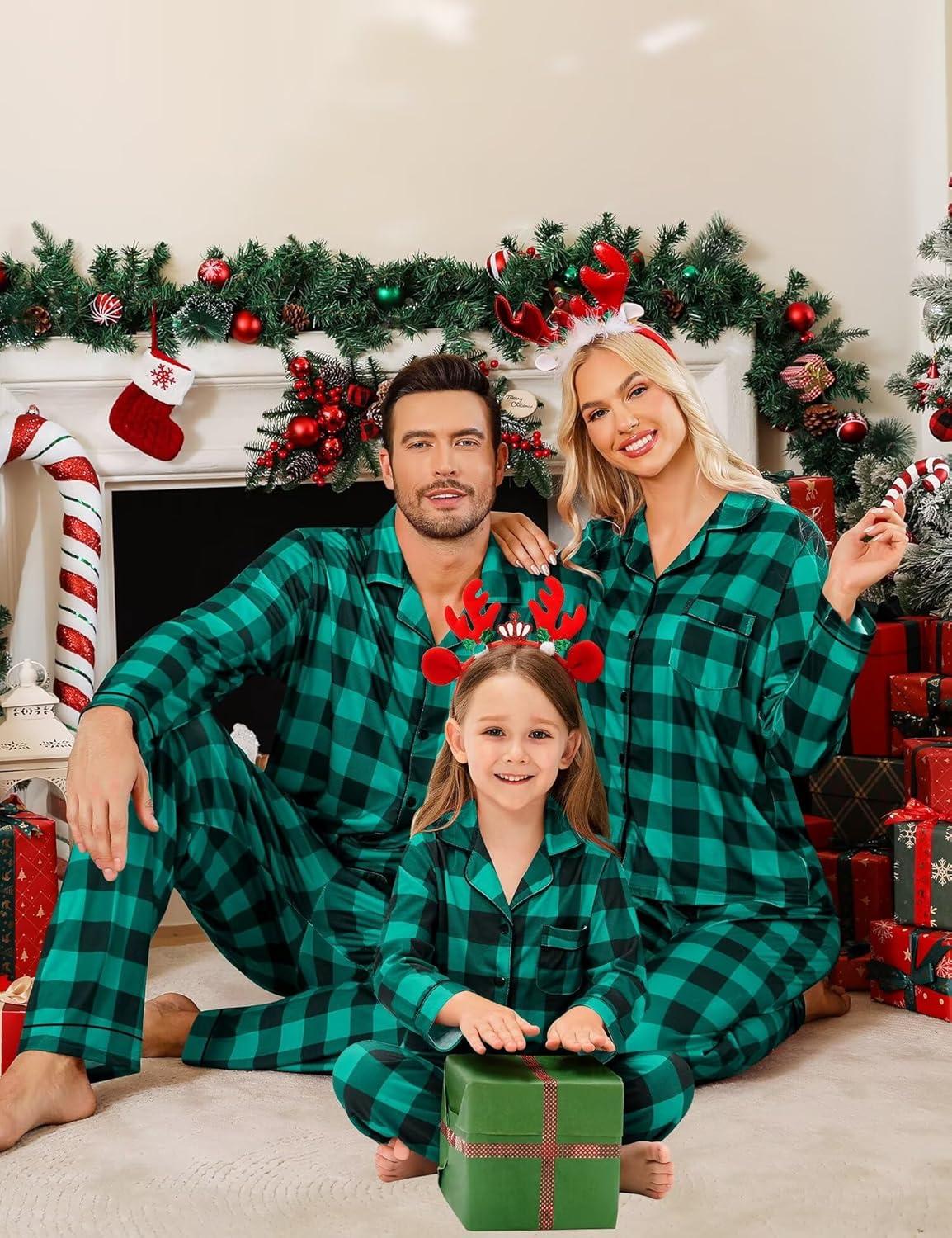 imageSWOMOG Family Matching Christmas Pajama Sets UltraSoft PJs Sets Long Sleeve Pull Over SleepwearButton Down Green Plaid