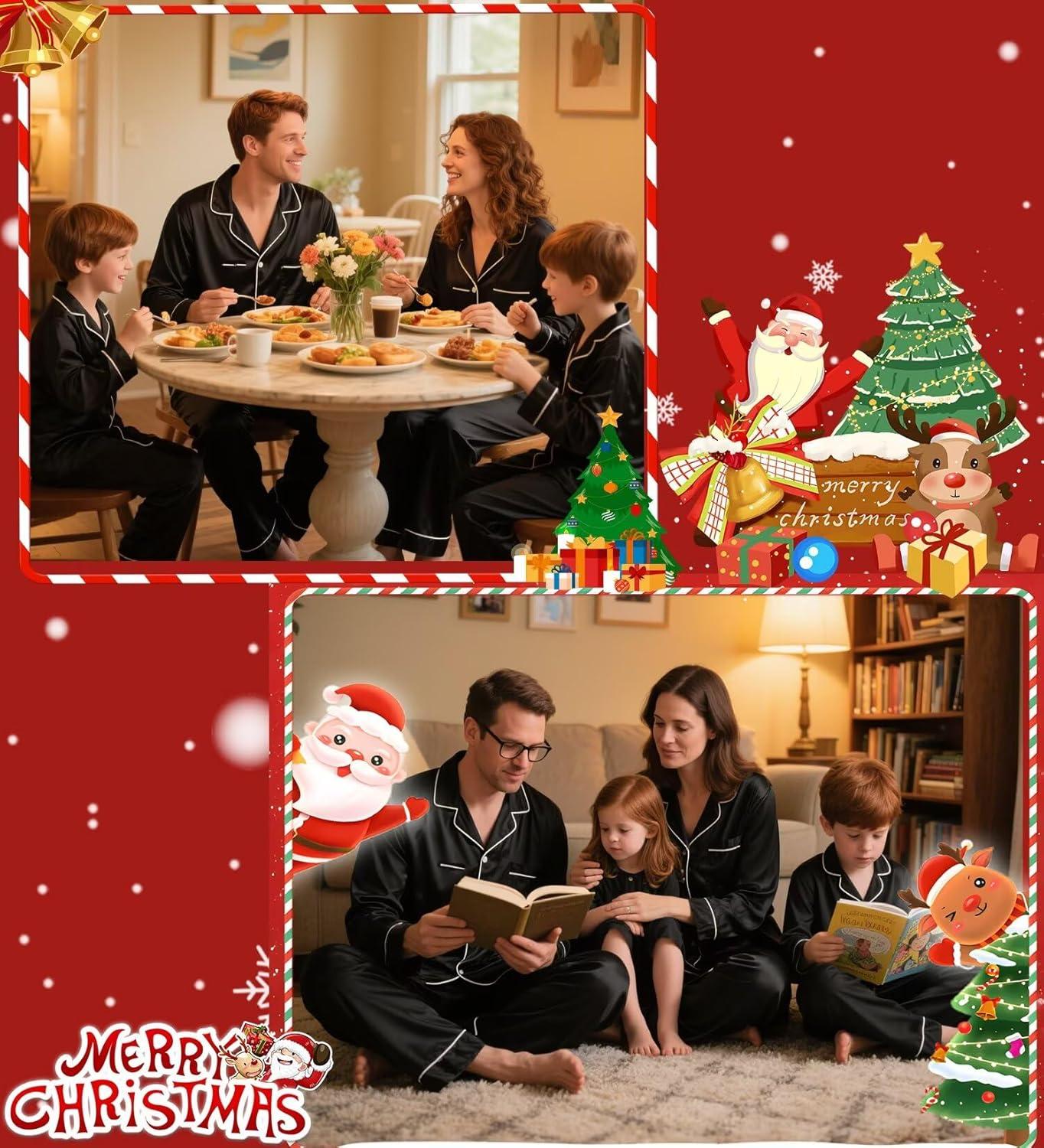 imageSWOMOG Family Matching Pajamas Set Christmas Pajamas Long Sleeve Button Down Pj Set 2Pcs Festival Party SleepwearBlack