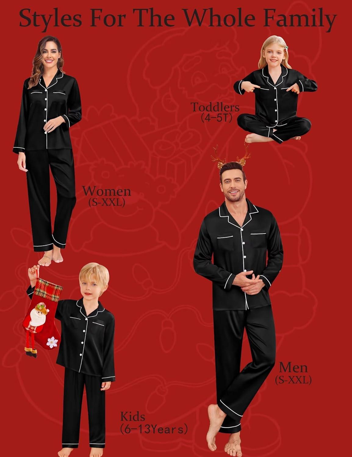 imageSWOMOG Family Matching Pajamas Set Christmas Pajamas Long Sleeve Button Down Pj Set 2Pcs Festival Party SleepwearBlack